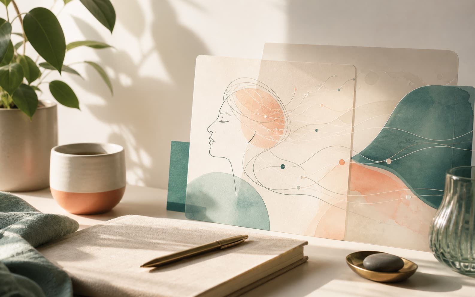 Notebook with an abstract reflection map for adult focus, sensory, masking, and recovery patterns