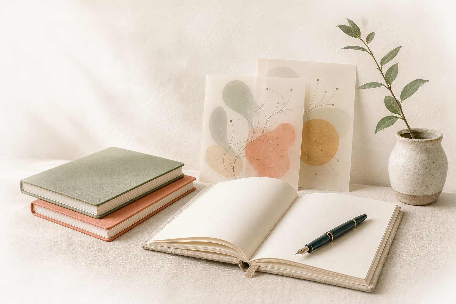 Open journal beside layered abstract reflection maps in a calm, sunlit space